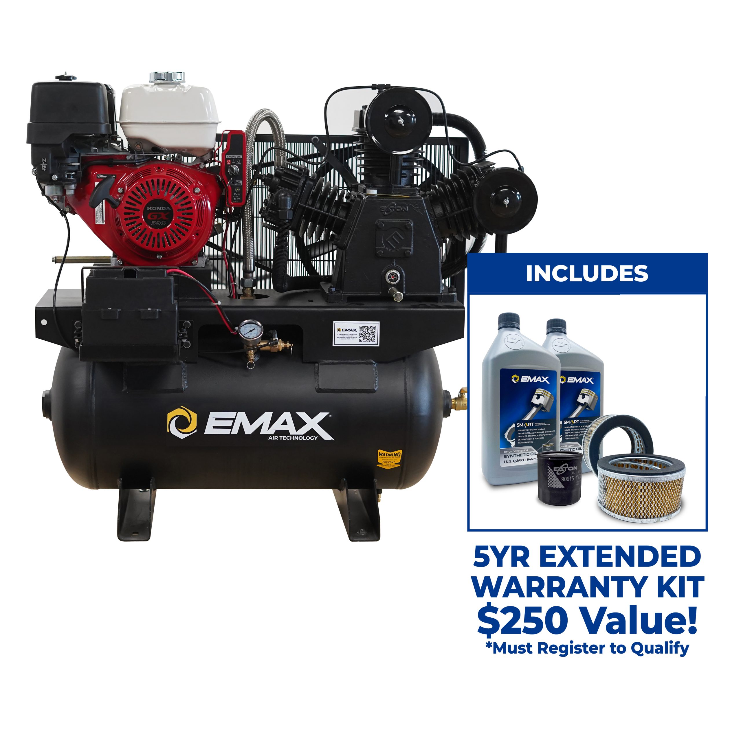 EMAX Honda Gas Driven w/Elec. Start 13HP 3Cyl 26CFM 30 gal.Truck Mount Stationary Air Compressor - Includes First Maintenance Kit