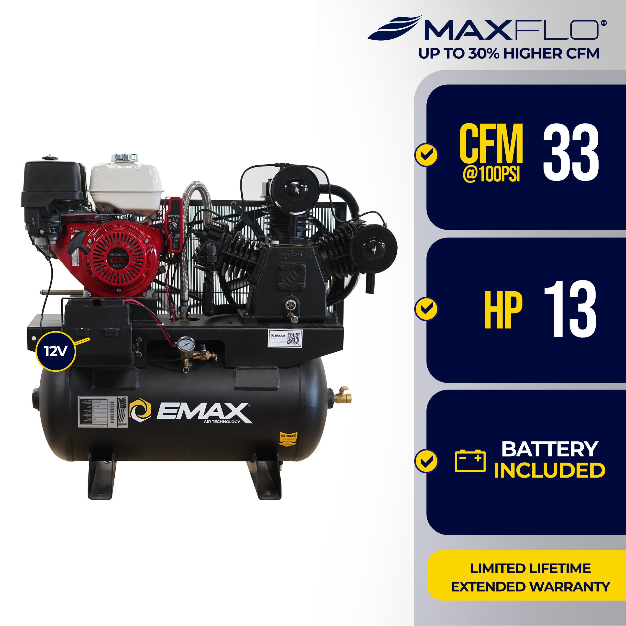 EMAX Honda Gas Driven w/Elec. Start 13HP 3Cyl 26CFM 30 gal.Truck Mount Stationary Air Compressor - Includes First Maintenance Kit - Image 2