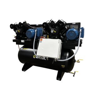EMAX NEMA Compliant Weather Resistant DUPLEX 7.5HP / 15HP V4 62CFM 3- Phase 460V 2-Stage 120 Gal. Horizontal Stationary Electric Air Compressor-W/ Pressure Lube Pump , Isolator Pads, Belt Tensioner, Auto Drain, alternating switch