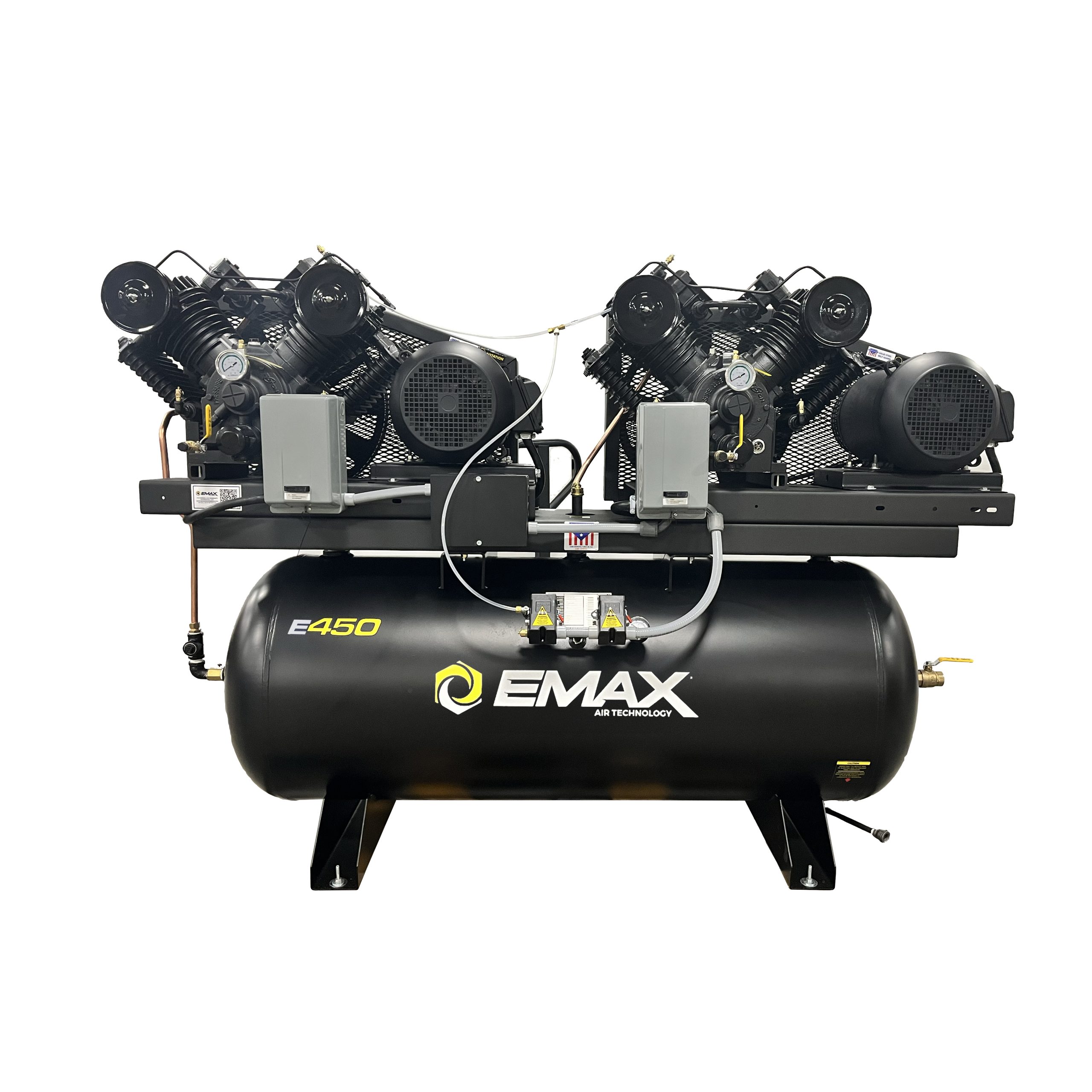 EMAX Duplex 10HP V4 2-Stage 76 CFM Air Compressor – 120-Gal Horizontal, 3-Phase, 208V, Radiator Aftercoolers