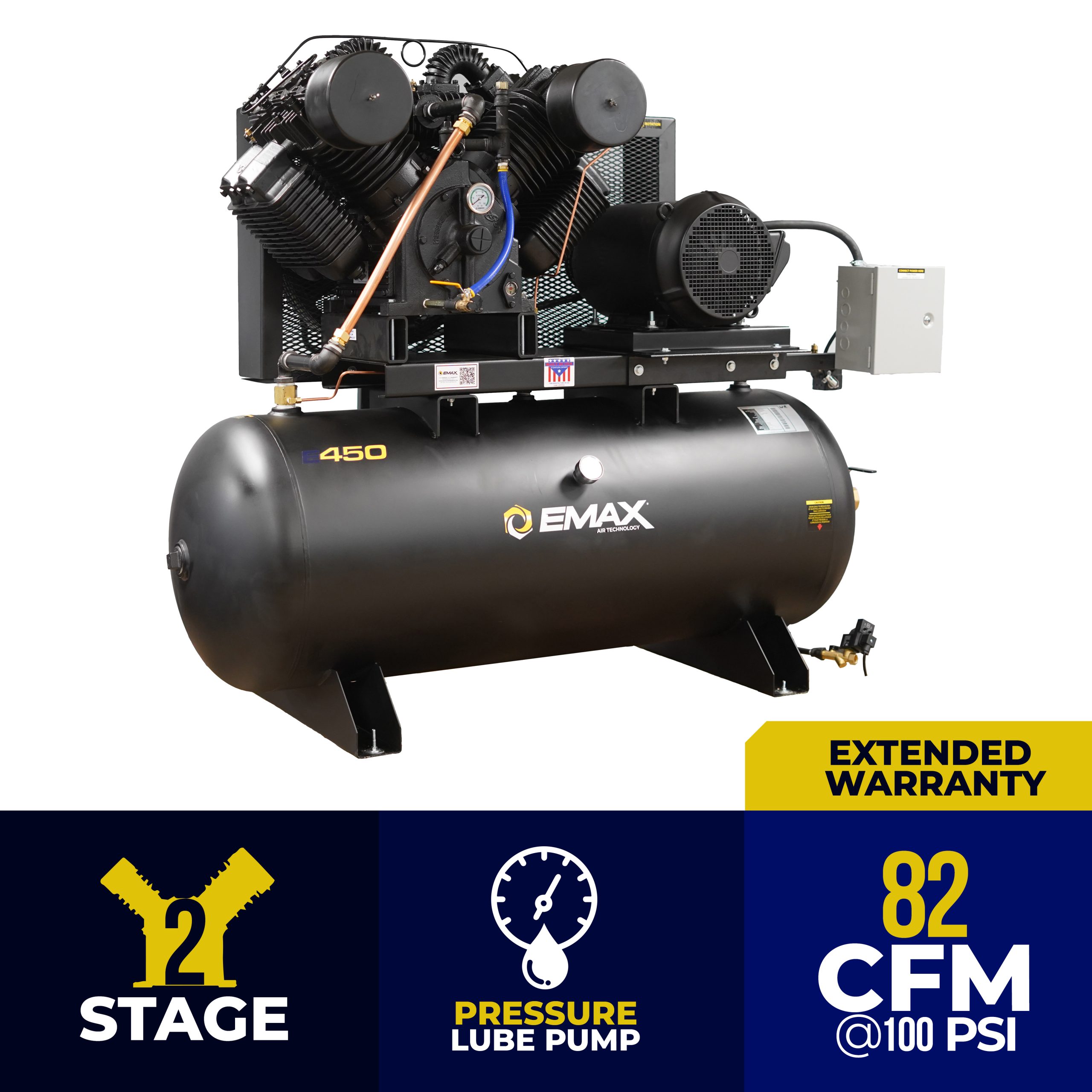 EMAX Industrial Plus 20HP V4 82CFM 3 Phase 208V 2-Stage 120 Gal. Horizontal Stationary Electric Air Compressor-W/ Pressure Lube Pump , Isolator Pads, Belt Tensioner, Continuous Run, Auto Drain