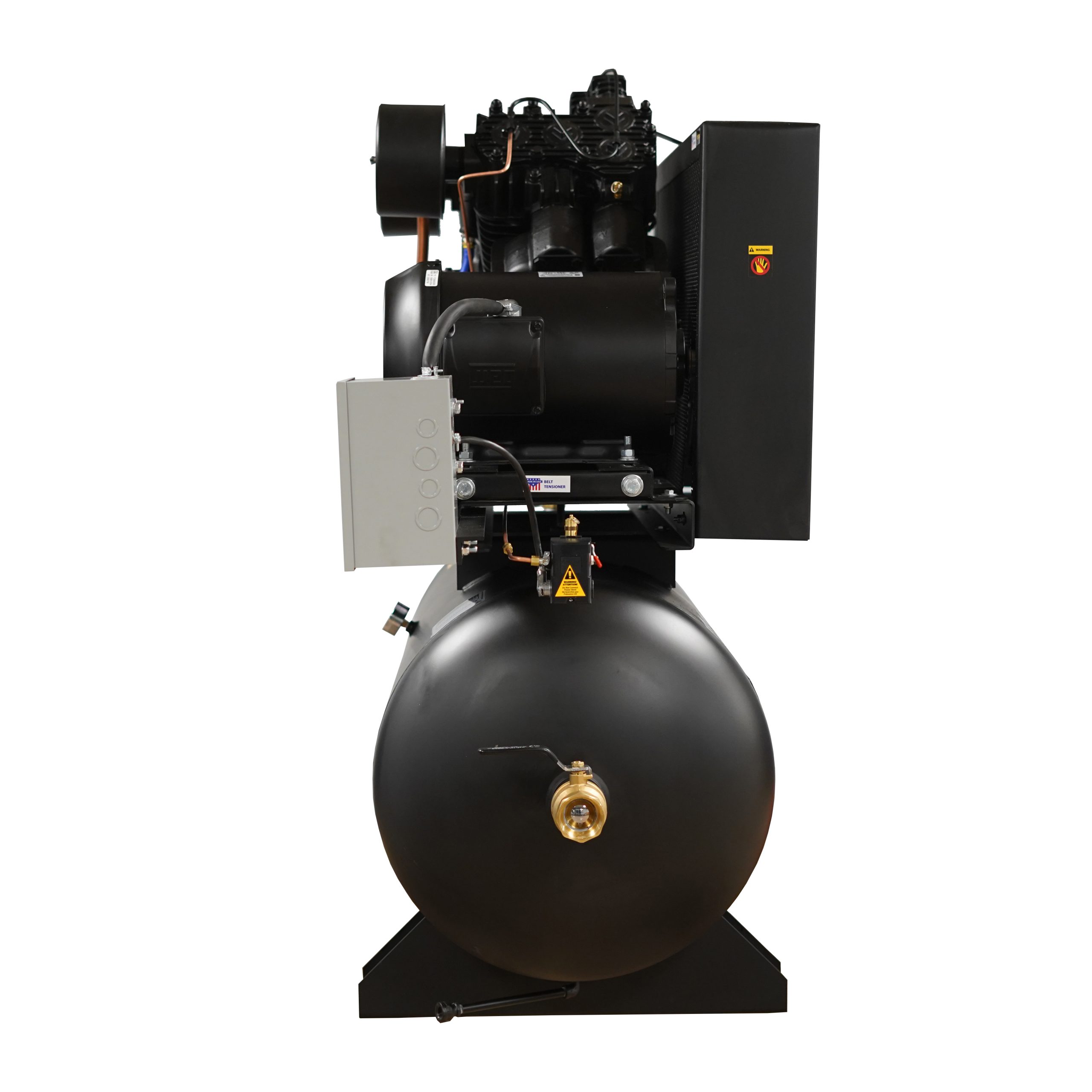EMAX Industrial Plus 20HP V4 82CFM 3 Phase 208V 2-Stage 120 Gal. Horizontal Stationary Electric Air Compressor-W/ Pressure Lube Pump , Isolator Pads, Belt Tensioner, Continuous Run, Auto Drain - Image 5
