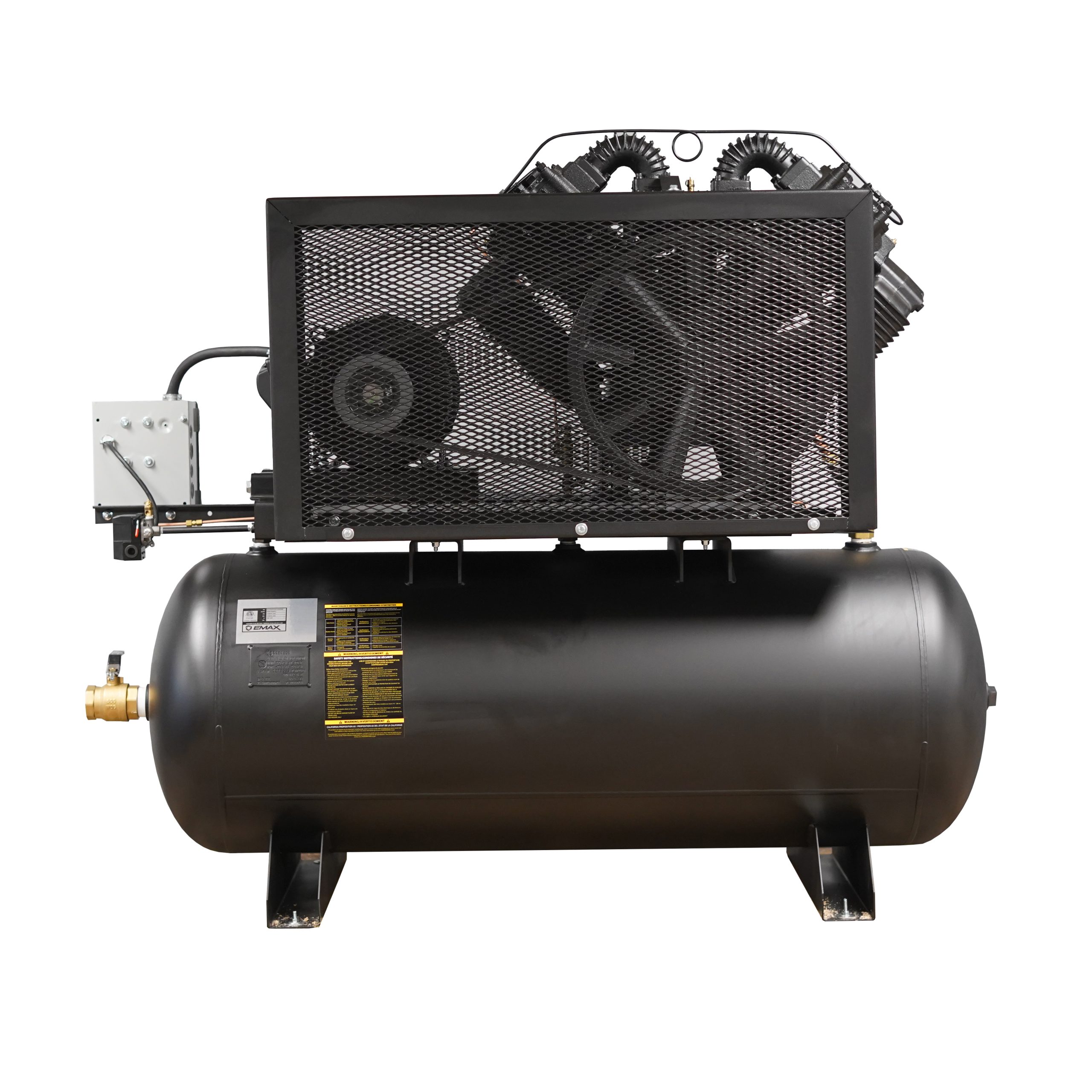 EMAX Industrial Plus 20HP V4 82CFM 3 Phase 208V 2-Stage 120 Gal. Horizontal Stationary Electric Air Compressor-W/ Pressure Lube Pump , Isolator Pads, Belt Tensioner, Continuous Run, Auto Drain - Image 3