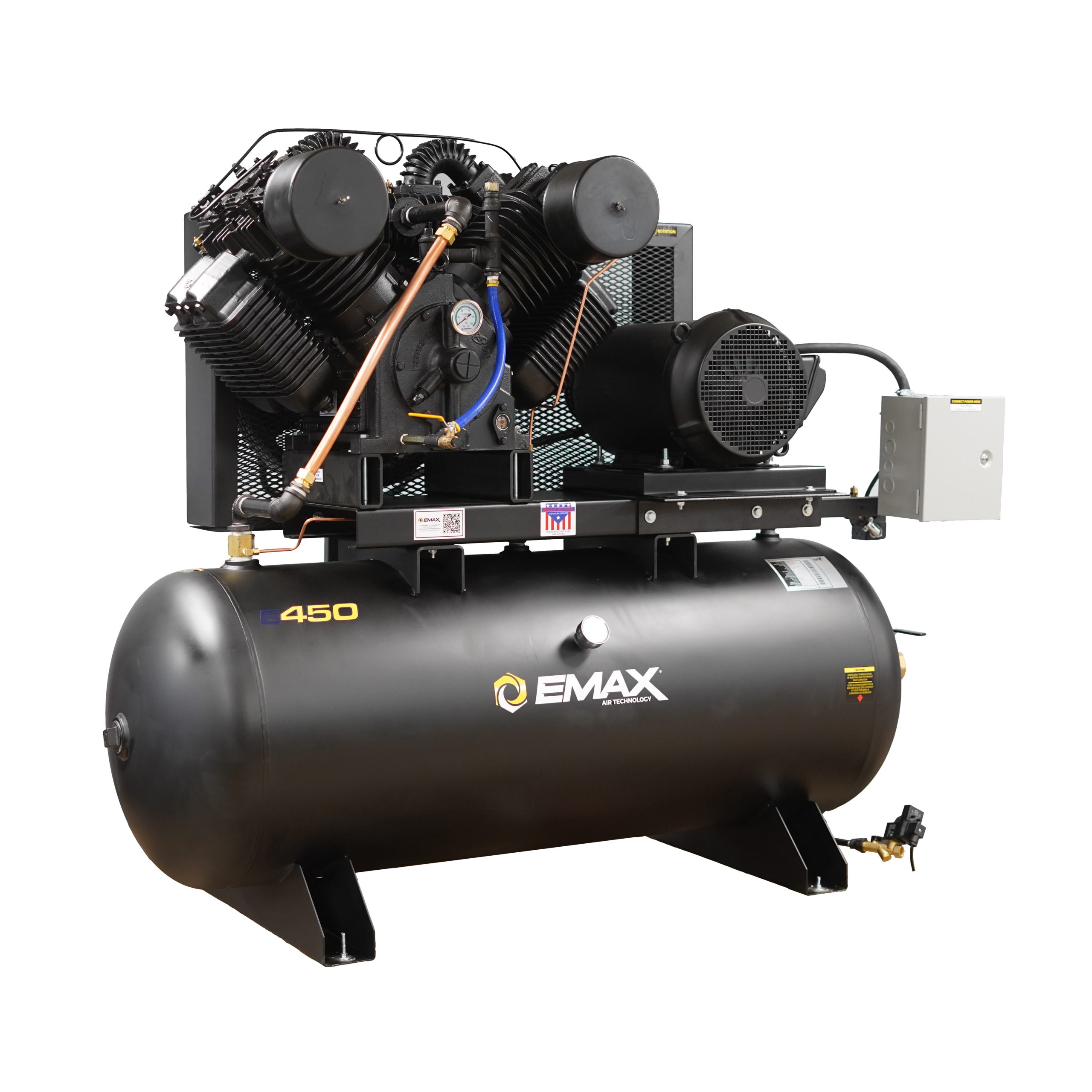 EMAX Industrial Plus 20HP V4 82CFM 3 Phase 208V 2-Stage 120 Gal. Horizontal Stationary Electric Air Compressor-W/ Pressure Lube Pump , Isolator Pads, Belt Tensioner, Continuous Run, Auto Drain - Image 2