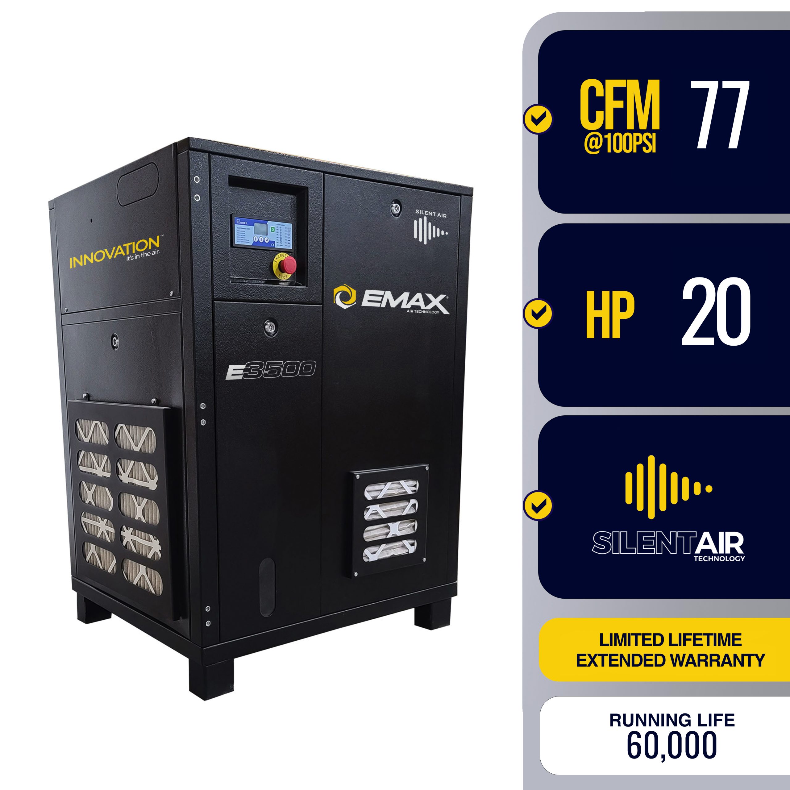 20HP 3PH 208V 77CFM Fixed Speed Industrial Rotary Screw Compressor-Cabinet Only -60,000 HR pump life