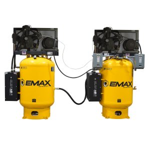EMAX (2) SOLO Alternating Silent Air Compressors – 15HP V4, 114CFM Each, 120-Gallon Vertical Stationary Electric, 3-Phase 460V, Lead/Lag Control, Auto Drain & Aftercoolers