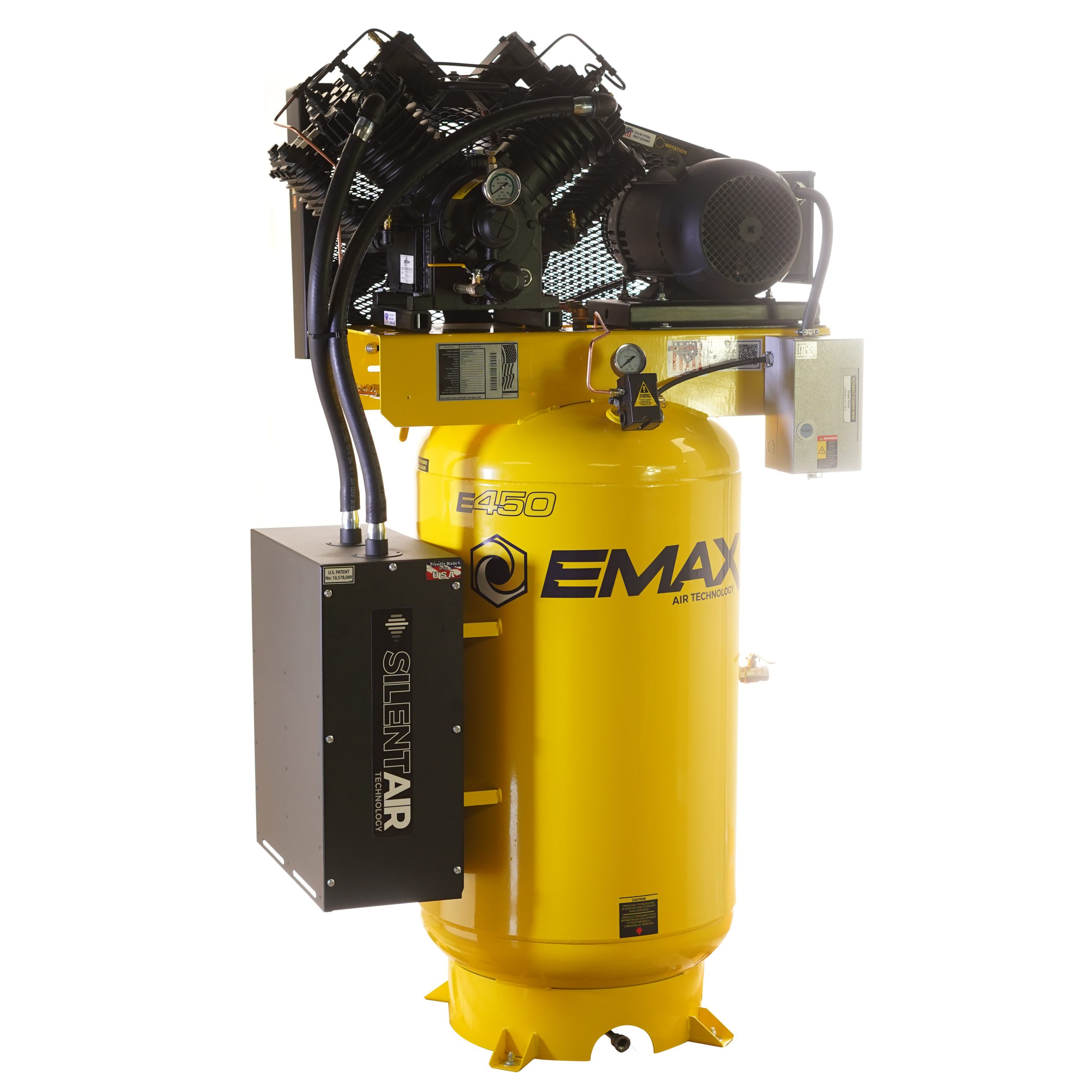 EMAX Silent Air Industrial Plus 10HP 38CFM 3- Phase 208V 2-Stage 80 Gal. Vertical Stationary Electric Air Compressor-W/ Pressure Lube Pump , Isolator Pads, Belt Tensioner, Continuous Run, Auto Drain - Image 2