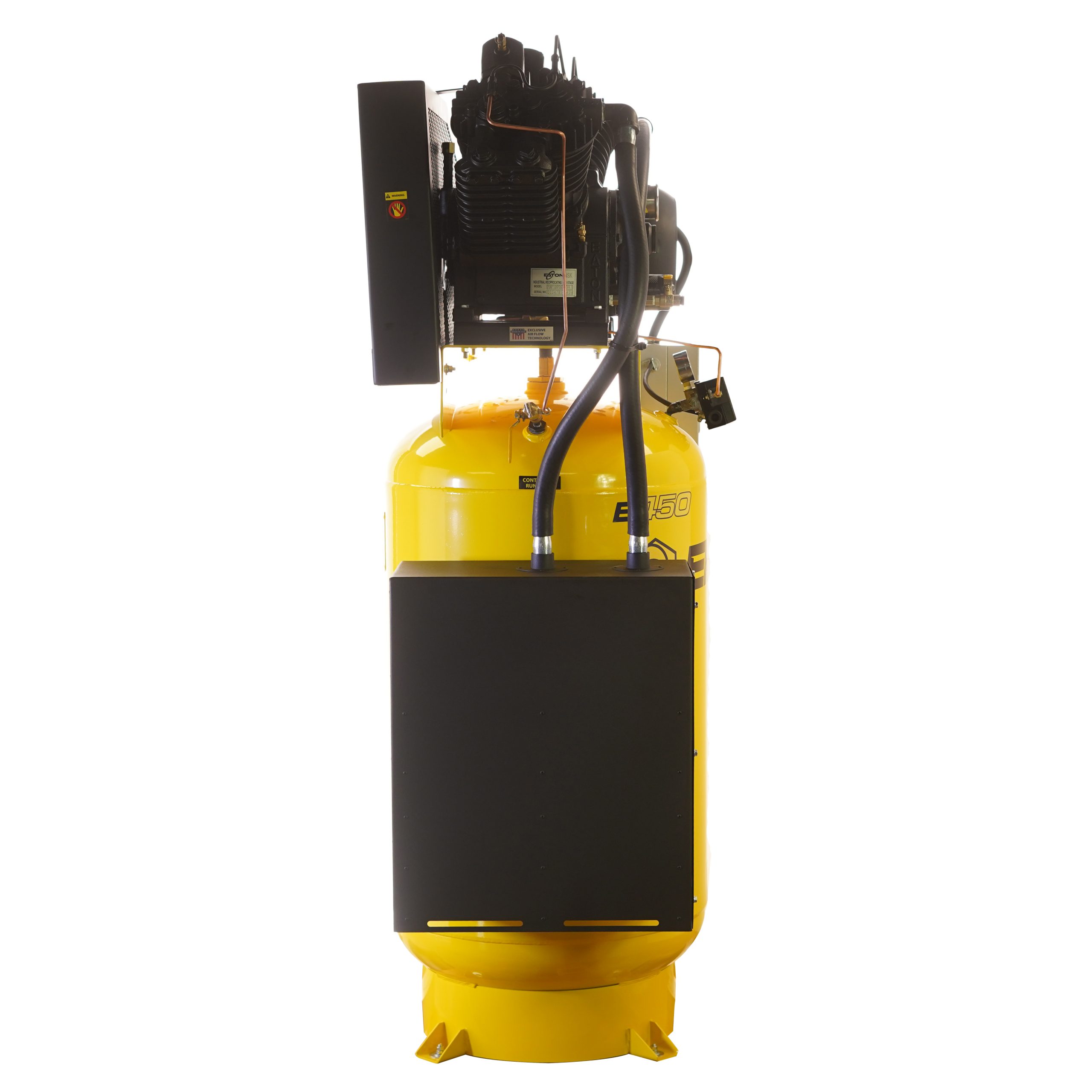 EMAX Silent Air Industrial Plus 10HP 38CFM 3- Phase 208V 2-Stage 80 Gal. Vertical Stationary Electric Air Compressor-W/ Pressure Lube Pump , Isolator Pads, Belt Tensioner, Continuous Run, Auto Drain - Image 4