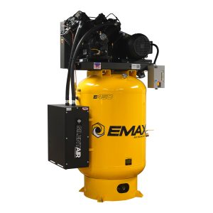 EMAX Silent Air Industrial 10HP Air Compressor – 38 CFM, 1-Phase 230V, 120-Gal Vertical, Pressure Lube Pump, Auto Drain & Aftercoolers