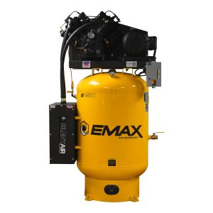 EMAX Silent Air Industrial Plus 10HP V4 38CFM 3- Phase 460V 2-Stage 120 Gal. Vertical Stationary Electric Air Compressor-W/ Pressure Lube Pump , Isolator Pads, Belt Tensioner, Continuous Run, Auto Drain