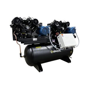 EMAX NEMA4 Compliant Weather-Resistant Duplex 10HP Air Compressor, 76 CFM, 460V 3-Phase, 120-Gal Horizontal Tank with Alternating Switch