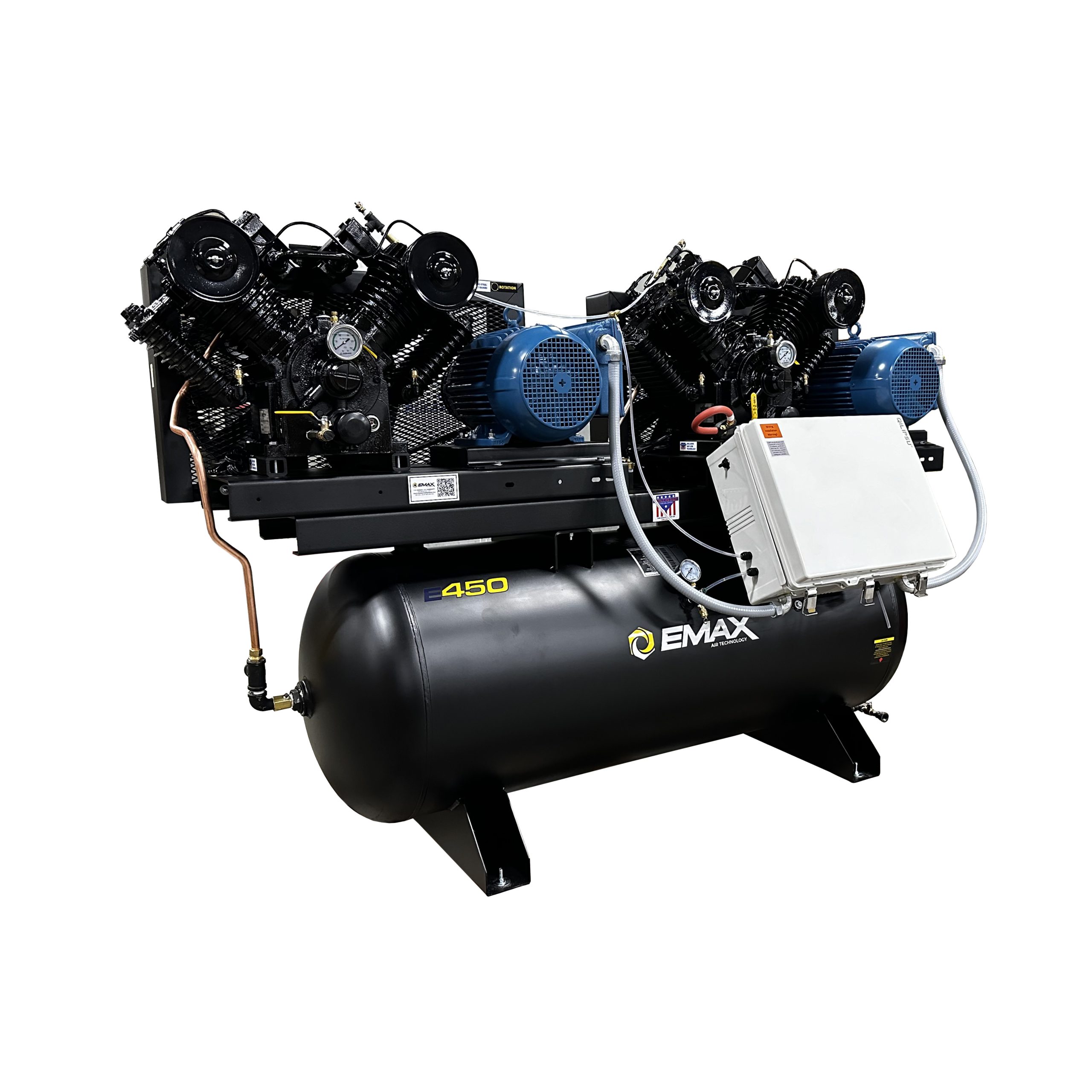 EMAX NEMA4 Compliant Weather-Resistant Duplex 15HP Air Compressor, 62 CFM, 208V 3-Phase, 120-Gal Horizontal Tank with Alternating Switch