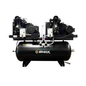 EMAX Silent Air™ Duplex 5HP Inline 2-Stage 38 CFM Air Compressor – 120-Gal Horizontal, 3-Phase, 208V, Radiator Aftercoolers
