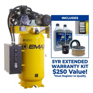EMAX Silent Air™ 7.5HP 80-Gal Industrial  Air Compressor, 26 CFM @ 100 PSI, 3-Cylinder Two-Stage, Splash-Lubricated Pump,  w/isolator pads- Includes Maintenance Kit