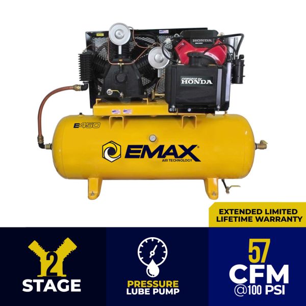 EMAX E450 Series – 24 HP Gas Air Compressor, 2 Stage, 3 Cycle, 80 Gallon, Truck Mount, EGES2480ST