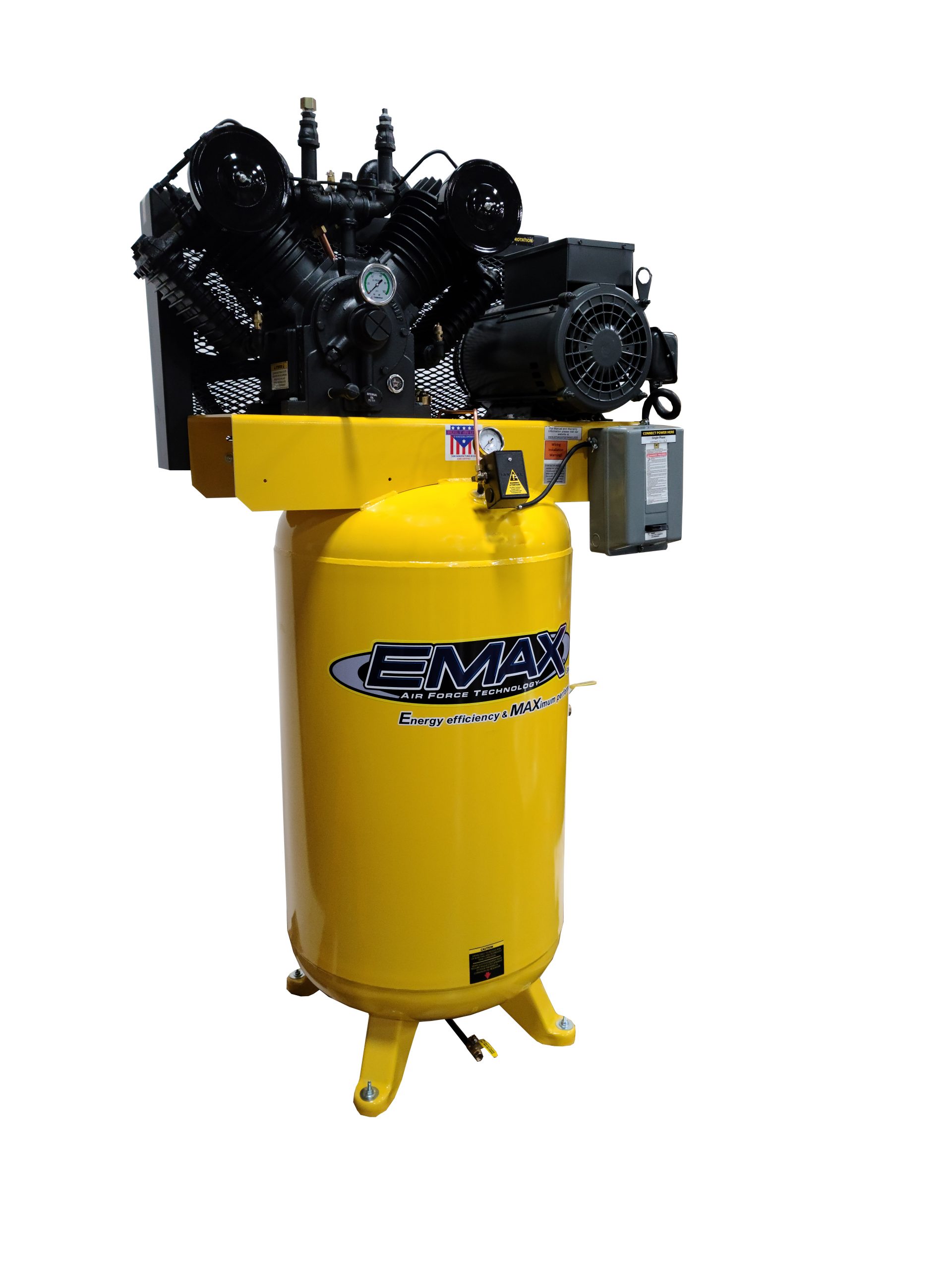 Vertical 7.5 HP Quiet Air Compressor 80-Gallon 1 Phase EMAX Yellow 2-Stage Model ES07V080V1 by EMAX Compressor Industrial Series