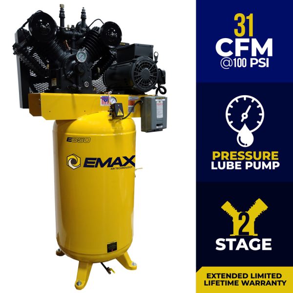 EMAX E350 Series – 7.5 HP Air Compressor, 2 Stage, Pressure Lubricated, Single Phase, V4, 80 Gallon, Vertical, EI07V080V1