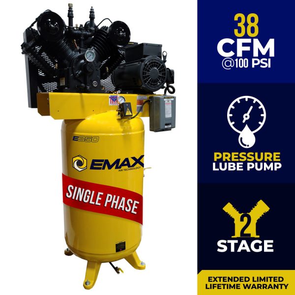 EMAX E350 Series – 10 HP Air Compressor, 2 Stage ,Pressure Lubricated, Single Phase, V4, 80 Gallon, Vertical, Industrial-EI10V080V1
