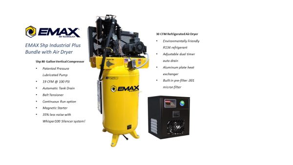EMAX E450- 5 HP Air Compressor with 30 CFM Air Dryer, 3 Phase, Silent Air System-ESP05V080I3PK