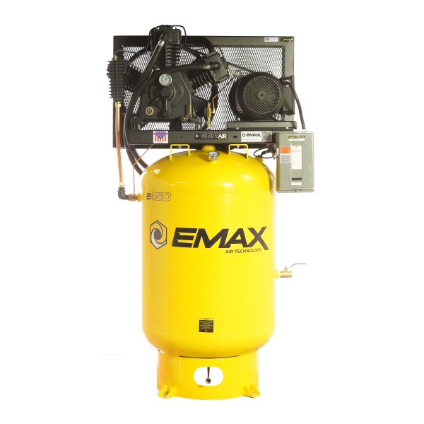 EMAX E450 Series – 10HP 3 Cylinder Air Compressor, 120 Gallon, 1 Phase, 2 Stage, Pressure lubricated, Silent Air System – ESP10V120Y1