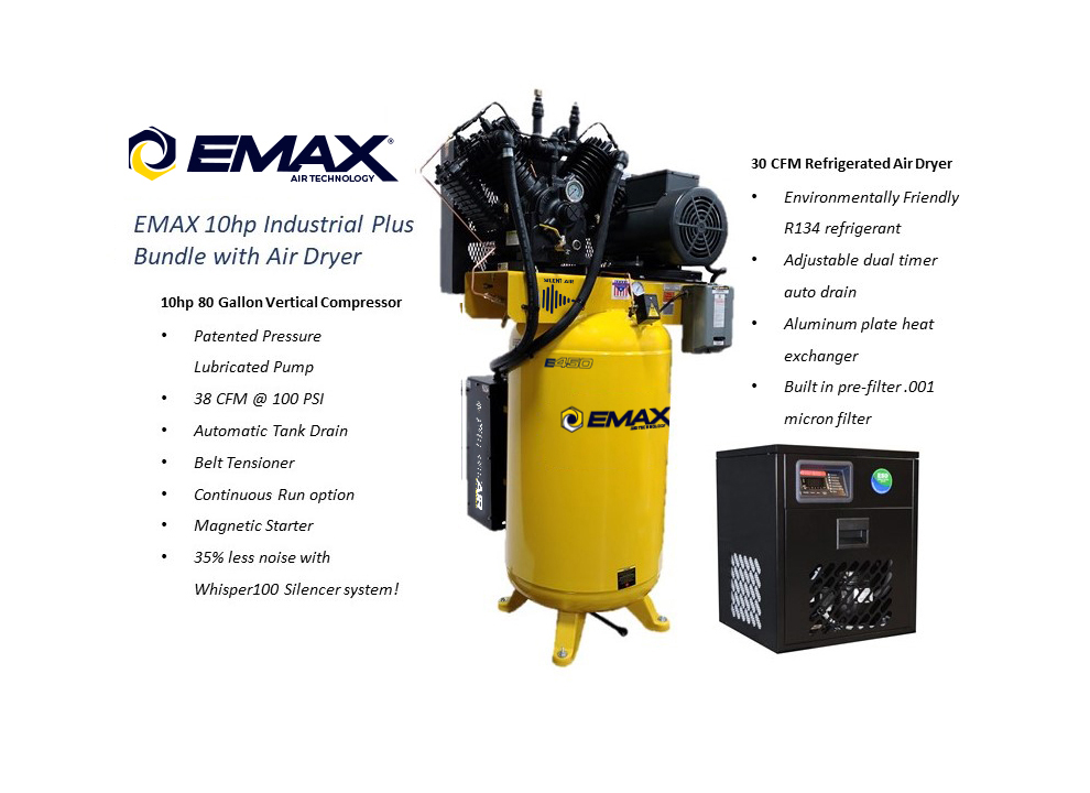 EMAX E450 Series - 10 HP Air Compressor with 58 CFM Air Dryer, 1 Phase,  Silent Air System-ESP10V080V1PK - Emax Compressor