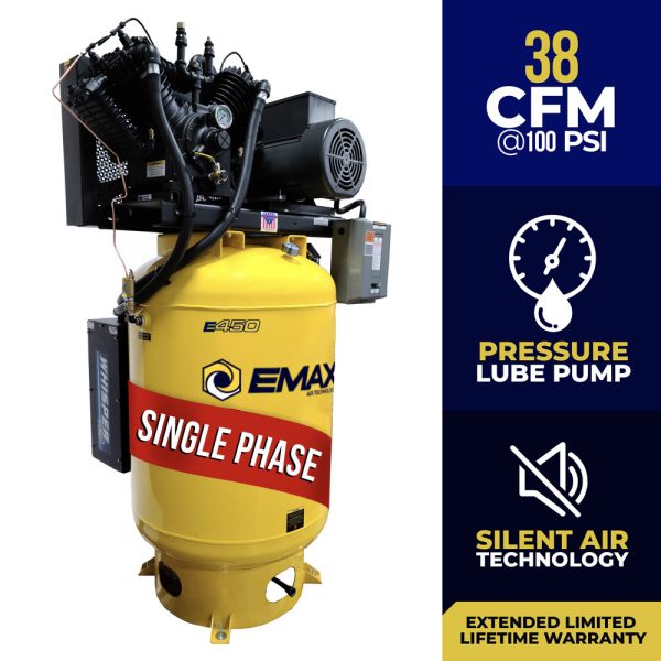 EMAX E450 Series – 10 HP Air Compressor, 120 Gallon, 1 Phase, 2 Stage Pressure Lubricated, Silent Air System -ESP10V120V1